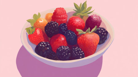 This image showcases a vibrant bowl filled with an assortment of fresh berries, emphasizing health and nutrition. The soft pink background enhances the colorful natural beauty of the fruits.の素材