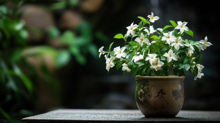 A stunning arrangement of white flowering plants in a decorative pot, set against a soft green background, creating a serene and tranquil atmosphere.の素材