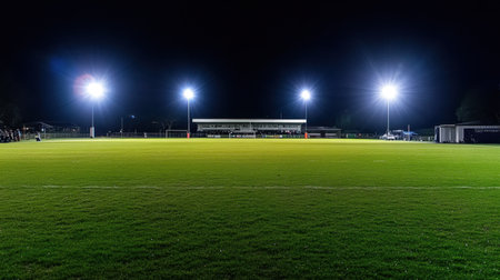 This captivating image showcases a well-lit soccer field during the night, highlighting the vibrant green grass and illuminated stands filled with spectators.の素材