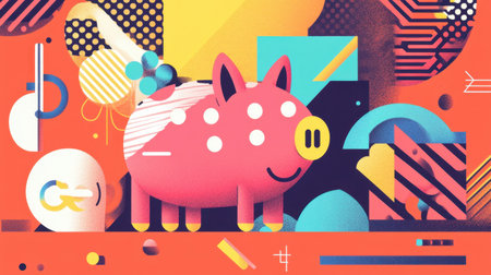 This bright and playful image features a pink piggy bank surrounded by vibrant geometric shapes and colorful patterns, making it perfect for financial concepts or art projects.の素材