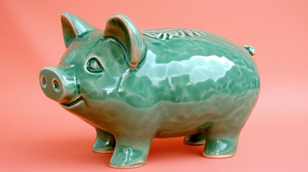 This charming glossy green ceramic piggy bank stands on a pink background, perfect for illustrating themes of savings and financial planning.の素材