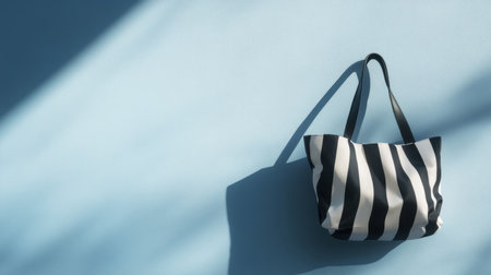A fashionable black and white striped tote bag hangs elegantly against a soft blue wall, creating a striking contrast in this minimalist setting.の素材