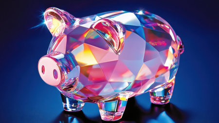 This vibrant and artistic piggy bank, crafted from crystal with geometric facets, showcases an array of colors and reflections against a dark blue background.の素材