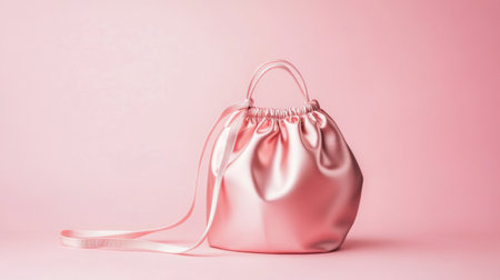 A sleek and stylish pink satin drawstring bag elegantly displayed against a soft pink background, perfect for highlighting feminine fashion and accessories.の素材