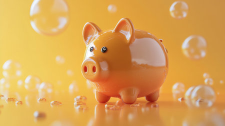 This image features a vibrant orange piggy bank surrounded by shining bubbles on a bright yellow background, symbolizing savings and financial growth.の素材