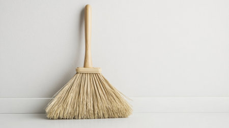 This image features a classic wooden hand broom with natural straw bristles against a minimalist white background. Ideal for cleaning and home decor inspirations.の素材