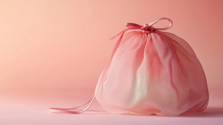 A delicate pink organza bag with a ribbon closure rests on a soft gradient background, perfect for stylish gift packaging or creative decorations.の素材