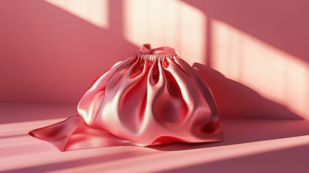 A stunning pink satin pouch showcases soft drapery and gentle shadows in a minimalist setting. Perfect for fashion, design, and elegance themes.の素材