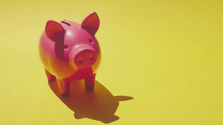 This vibrant image features a bright pink piggy bank set against a cheerful yellow background, highlighting themes of savings and financial education.の素材
