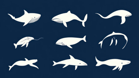 This artistic illustration features a collection of stylized marine creatures on a deep blue background, perfect for educational materials or home decor.の素材