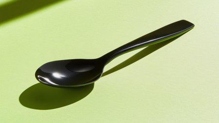 A glossy black spoon rests on a light green surface, casting soft shadows that enhance its elegant and minimalistic design. Perfect for kitchenware themes.の素材