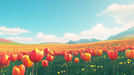 A stunning view of a tulip field bursting with vibrant orange and yellow blooms under a clear blue sky. Majestic mountains provide a picturesque backdrop.の素材