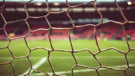 A close-up view of a soccer goal net with a blurred field and stadium seating in the background, capturing the essence of competition and excitement during a match.の素材