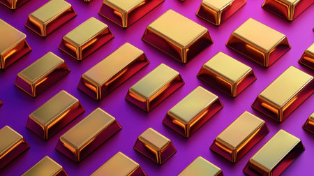 A captivating arrangement of gold bars displayed on a vibrant purple background, symbolizing wealth and prosperity in modern financial contexts.の素材