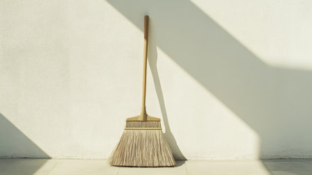 A wooden broom stands elegantly against a minimalist wall, casting soft shadows on the floor. The image evokes themes of cleanliness and simplicity, perfect for design projects or cleaning services.の素材