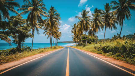 A picturesque coastal road lined with tall palm trees inviting travelers to explore the beautiful beach and ocean beyond, under a bright blue sky.の素材
