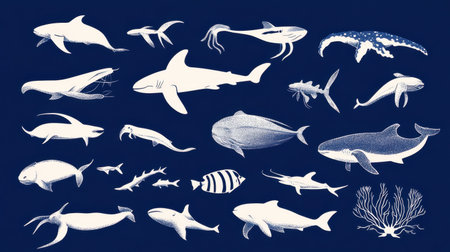 A detailed illustration featuring various marine animals including sharks, whales, and jellyfish on a dark background. Perfect for educational purposes.の素材