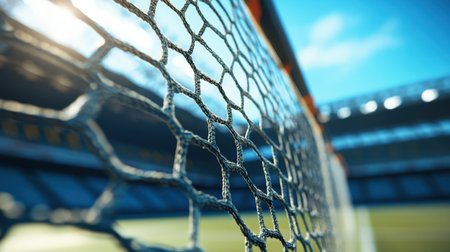 This close-up image features a soccer net situated against a modern stadium background, highlighting the essence of the sport and the excitement of gameplay.の素材
