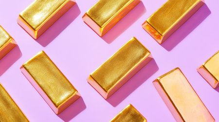 A stunning arrangement of shiny gold ingots on a vibrant pink background, symbolizing luxury, wealth, and financial success in a modern setting.の素材