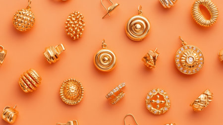 A stunning collection of assorted gold jewelry pieces arranged artistically on a vibrant orange background. Perfect for showcasing fashion trends and accessories.の素材