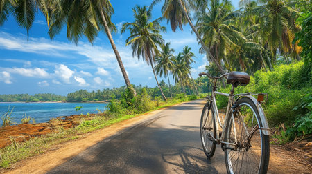 Experience a picturesque coastal ride on a bicycle, surrounded by vibrant palm trees and a stunning blue sky, perfect for nature lovers and adventurers.の素材