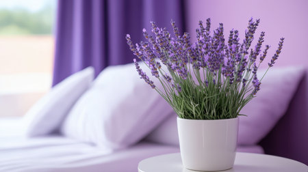 A beautiful lavender plant in a white pot adds a touch of elegance to a cozy bedroom. The soft purple background and cushions create a serene atmosphere, perfect for relaxation.の素材