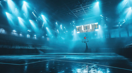 This captivating image showcases an empty basketball court enveloped in dramatic lighting and fog. The illuminated scoreboard adds depth to the serene atmosphere, making it ideal for sports-related themes.の素材
