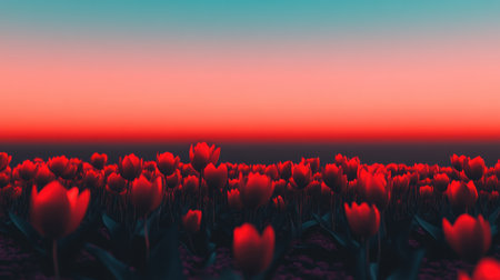 A stunning landscape showcasing vibrant red tulips in a flower field under a beautifully gradient sky at sunset, capturing the serenity of nature.の素材