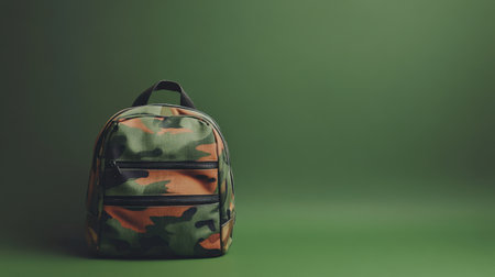 This stylish camouflage backpack against a green background offers an ideal blend of practicality and modern design for outdoor enthusiasts. Perfect for travel.の素材