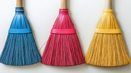 A vibrant image showcasing three colorful cleaning brushes in blue, pink, and yellow. These brushes are perfect for adding a fun touch to any cleaning task.の素材