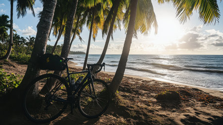 A tranquil beach scene features a bicycle resting beside towering palm trees, capturing a serene sunrise over the calm ocean waves.の素材