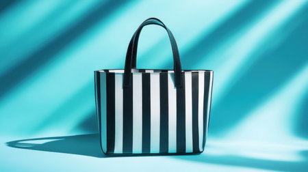 A fashionable black and white striped tote bag displayed against a vibrant blue background, showcasing modern design elements and soft shadows.の素材
