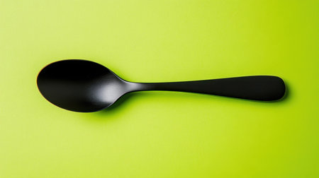 This image features a sleek black spoon on a bright green background, ideal for kitchen themes, culinary presentations, and modern decor projects.の素材
