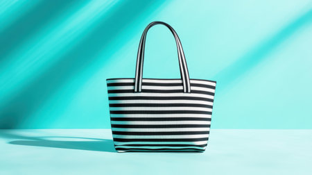 This image showcases a stylish striped tote bag set against a vibrant cyan background. The contrasting colors and shadows highlight the bag's modern design, perfect for fashion enthusiasts and lifestyle branding.の素材