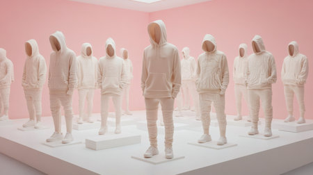 This captivating art installation showcases multiple faceless figures dressed in white hoodies, set against a soft pink backdrop, creating a serene yet thought-provoking atmosphere.の素材
