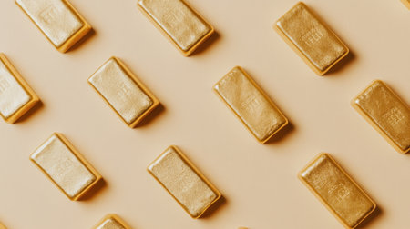 A visually captivating arrangement of gold bars on a soft, neutral background. This image represents concepts of wealth, investment, and financial prosperity.の素材