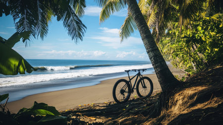 A beautiful beach scene with a bicycle leaning against a palm tree. The gentle waves lap at the sandy shore under a clear blue sky. Perfect for adventure.の素材