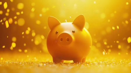 A vibrant golden piggy bank shines amidst a backdrop of sparkling elements, symbolizing savings, wealth accumulation, and financial success.の素材
