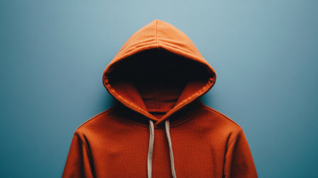 This image features a vibrant orange hoodie with a hood, displayed against a smooth blue background, ideal for apparel marketing or style inspiration.の素材