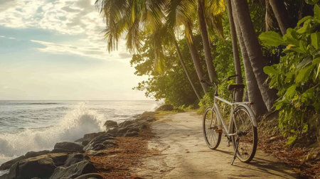 A tranquil scene featuring a bicycle parked on a sandy path beside a beach, surrounded by palm trees and ocean waves, perfect for relaxation and adventure.の素材