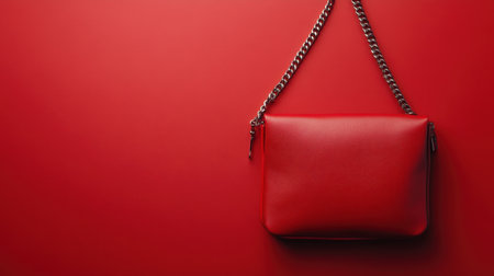 This image features a sleek red hand bag with a stylish chain strap against a vibrant red background, ideal for showcasing fashion and accessory trends.の素材