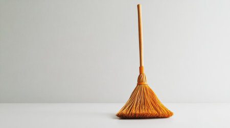 A bright orange broom stands alone against a minimalist white background, showcasing its cleaning functionality and vibrant color, perfect for home organization.の素材