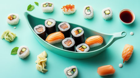 An artfully arranged selection of fresh sushi rolls and sashimi presented in a stylish dish, highlighting vibrant colors and textures. Perfect for food lovers.の素材