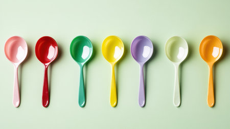 A vibrant collection of colorful plastic spoons arranged in a row, set against a soft green background, perfect for enhancing kitchen aesthetics and creative cooking.の素材