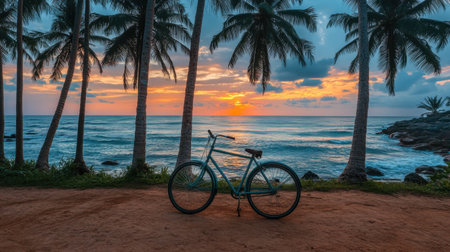 A peaceful scene showcasing a bicycle parked on a sandy path bordered by palm trees, with a stunning sunset view over the ocean waves.の素材