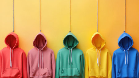 Five colorful hoodies in shades of red, pink, green, yellow, and blue hang against a bright yellow wall, showcasing modern fashion and casual trends.の素材