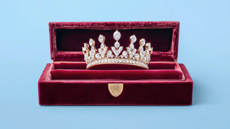 A stunning tiara rests in a plush velvet box, adorned with sparkling gemstones. This elegant piece embodies luxury, perfect for royal events or special celebrations.の素材