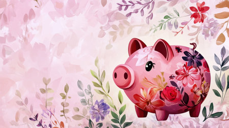 This charming illustration features a floral piggy bank set against a soft pink background, symbolizing savings and financial growth. Perfect for budgeting themes.の素材