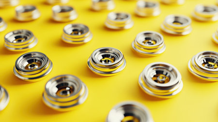 A visually striking arrangement of silver metallic caps set against a vibrant yellow background, ideal for design projects, marketing materials, or artistic compositions.の素材
