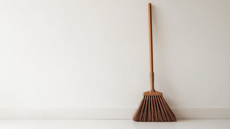 A simple yet elegant wooden broom stands against a clean white wall, embodying minimalistic design, ideal for cleaning tasks and home decor aesthetics.の素材